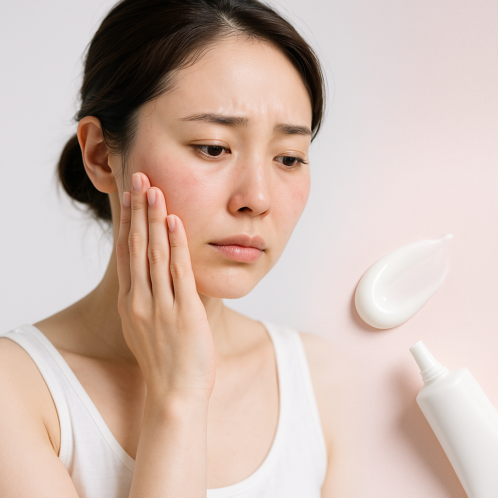 日焼け止めがしみて頬のヒリつきを気にしている女性