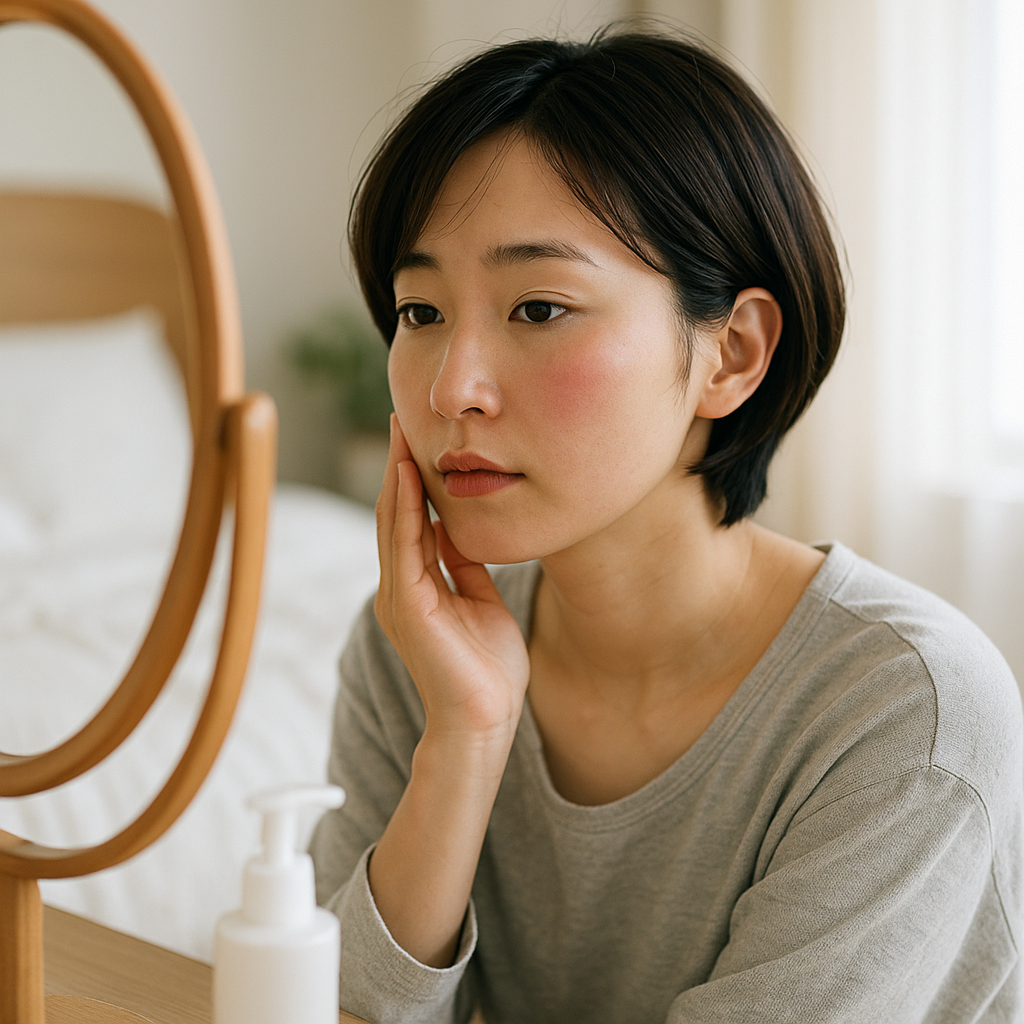 朝、鏡の前で頬の赤みを確認している女性