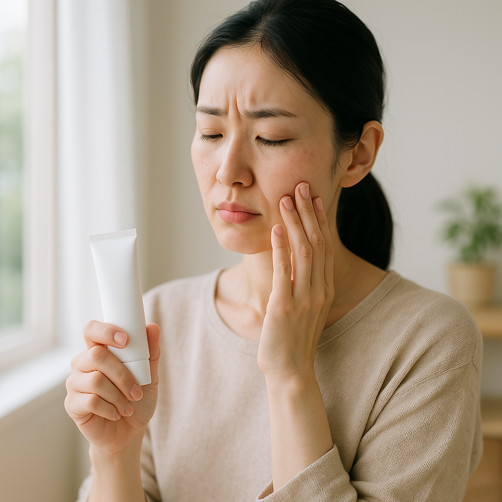日焼け止めを塗るか悩んでいる女性のイメージ