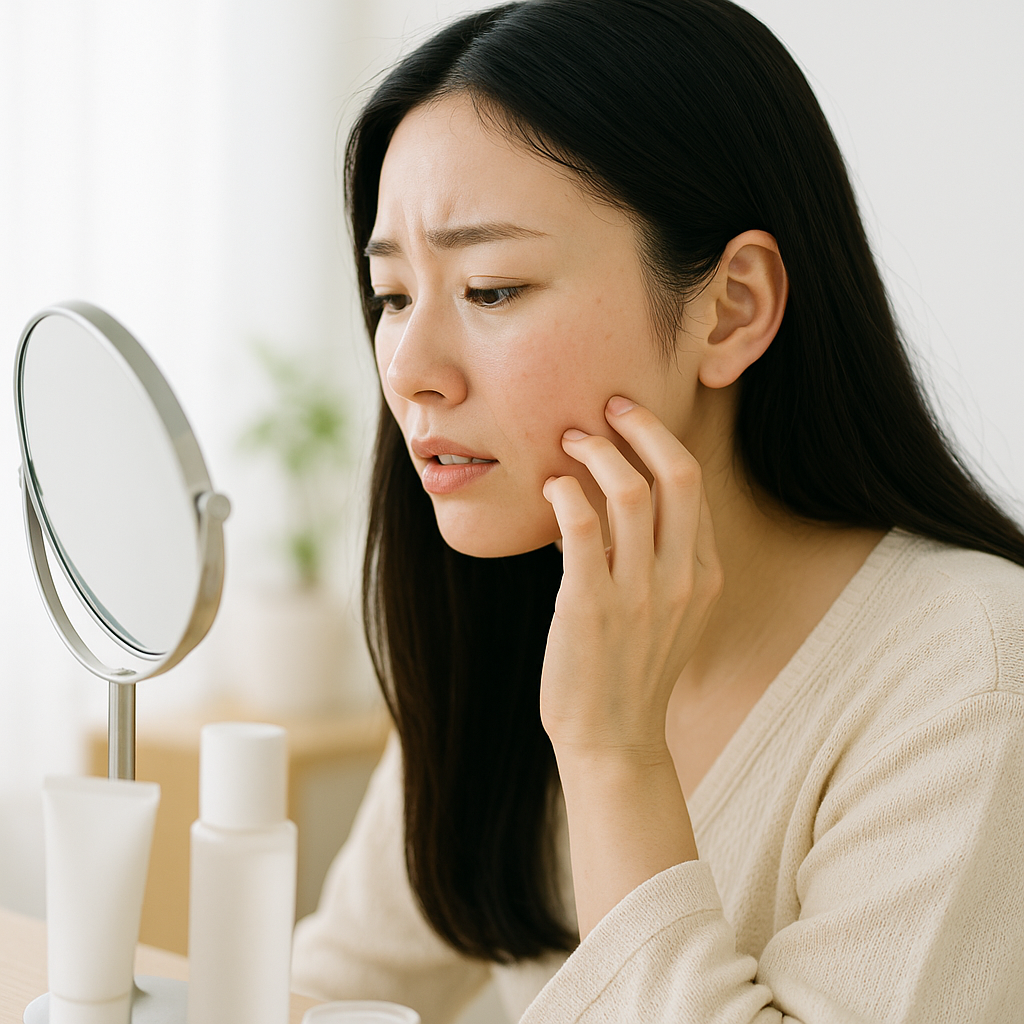 頬のかゆみが気になり軽く触っている女性