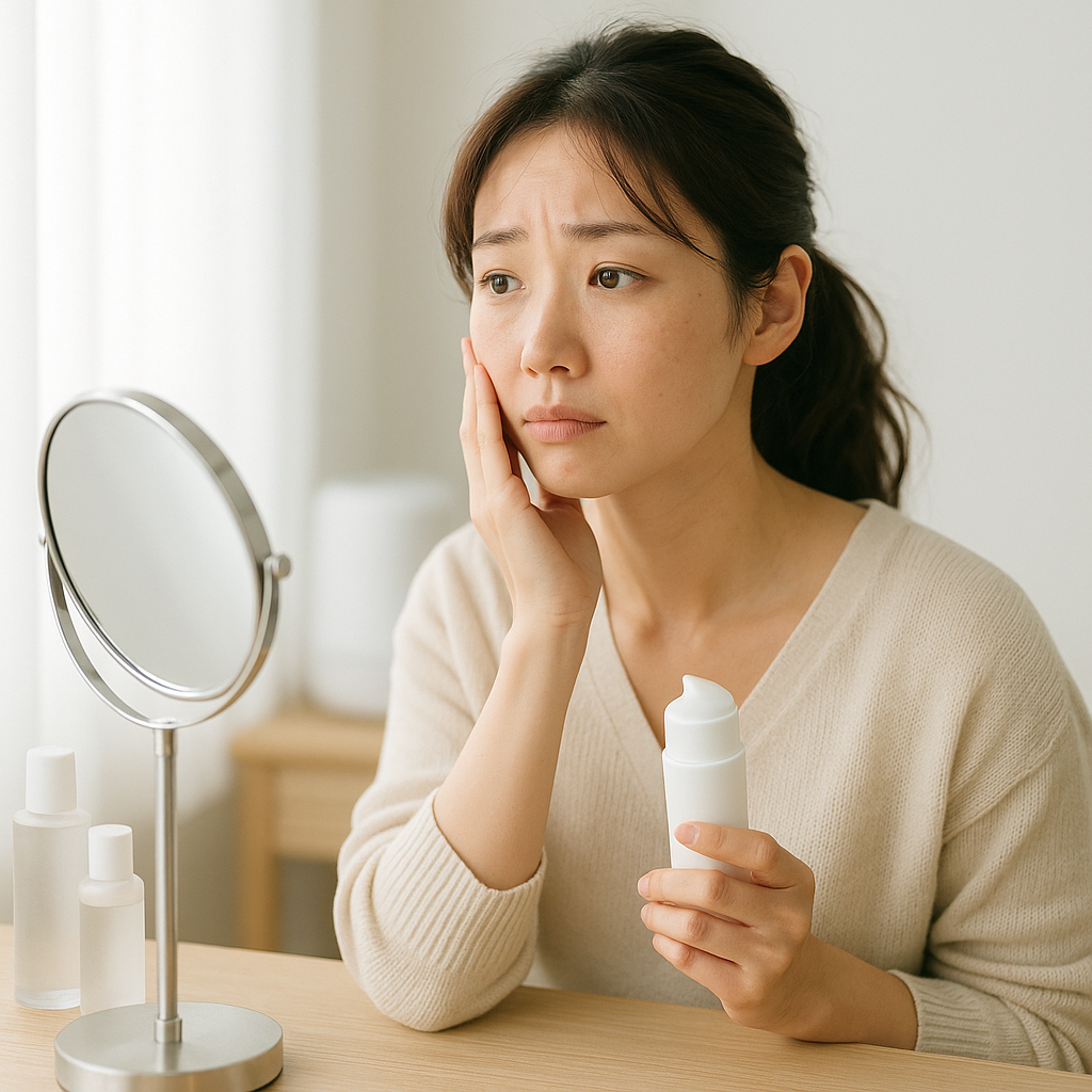 朝起きて顔のつっぱりを気にしている女性