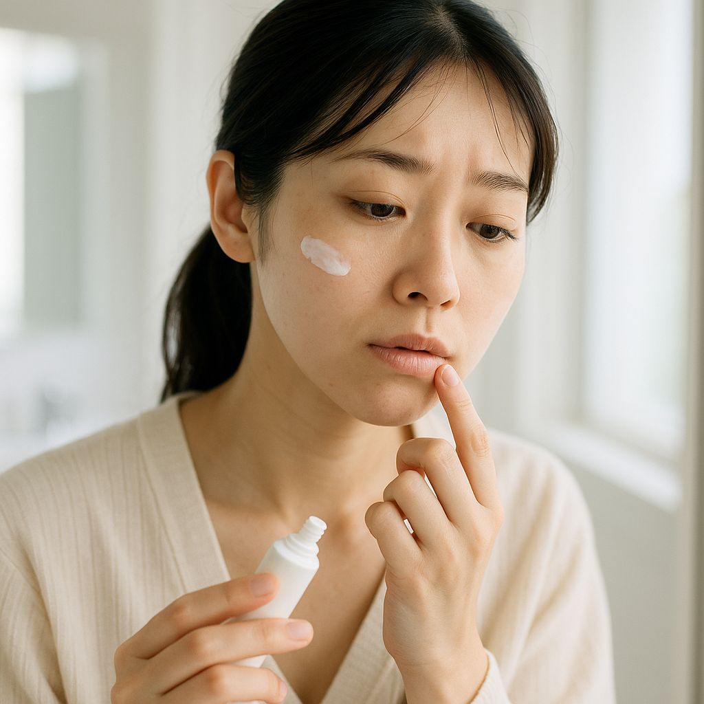 口まわりの肌の状態を気にしながらスキンケアをしている女性